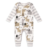 Puppy dog print romper with matching hat