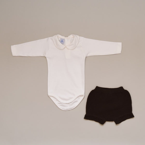Baby Two Piece Knit Set with 100% Cotton Ivory Crochet Collar Onesie with Chocolate Knit Shorts