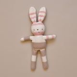 100% Cotton Cream, Pink and Mink Knitted Striped All in One Suit, Blanket, Bunny and Cream Knitted Hat and Booties Set