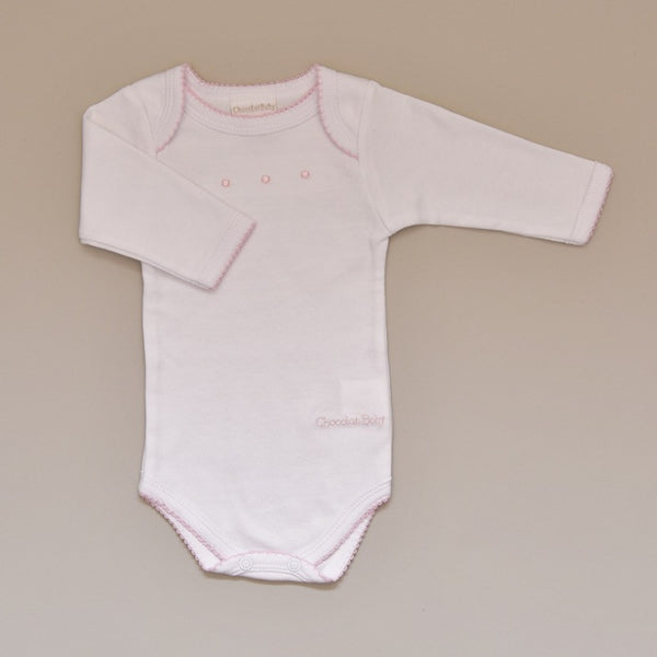100% Cotton White Baby Bodysuit/Onesie with Crochet Edge and Embroidered Pink Dots