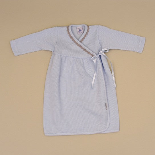 100% Cotton Blue Baby Gown with Gray Crochet Edge and Side Ribbon Ties