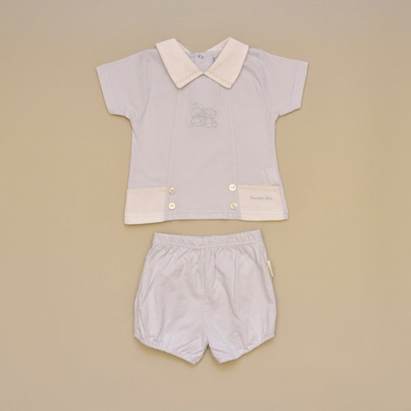100% Cotton Blue Baby Two Piece Short Set with White Pique Collar and Embroidery