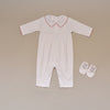 Christmas Baby White Pima Cotton Holiday Long Sleeve Romper and Bootie Set with Red Embroidered Collar