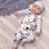 Puppy dog print romper with matching hat
