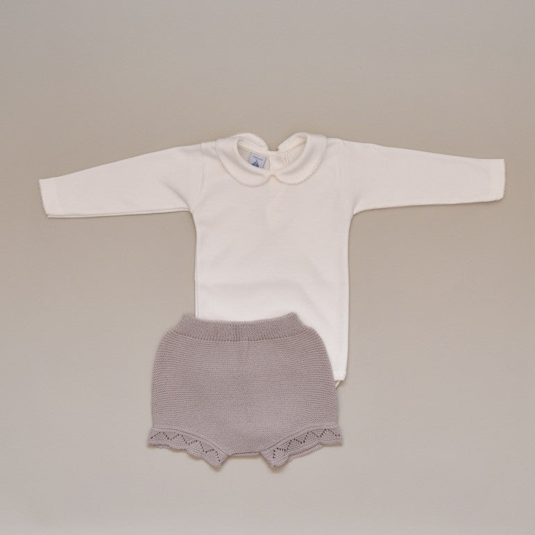 Baby Two Piece Knit Set with 100% Cotton Ivory Crochet Collar and Cuff Onesie and Beige Knit Shorts