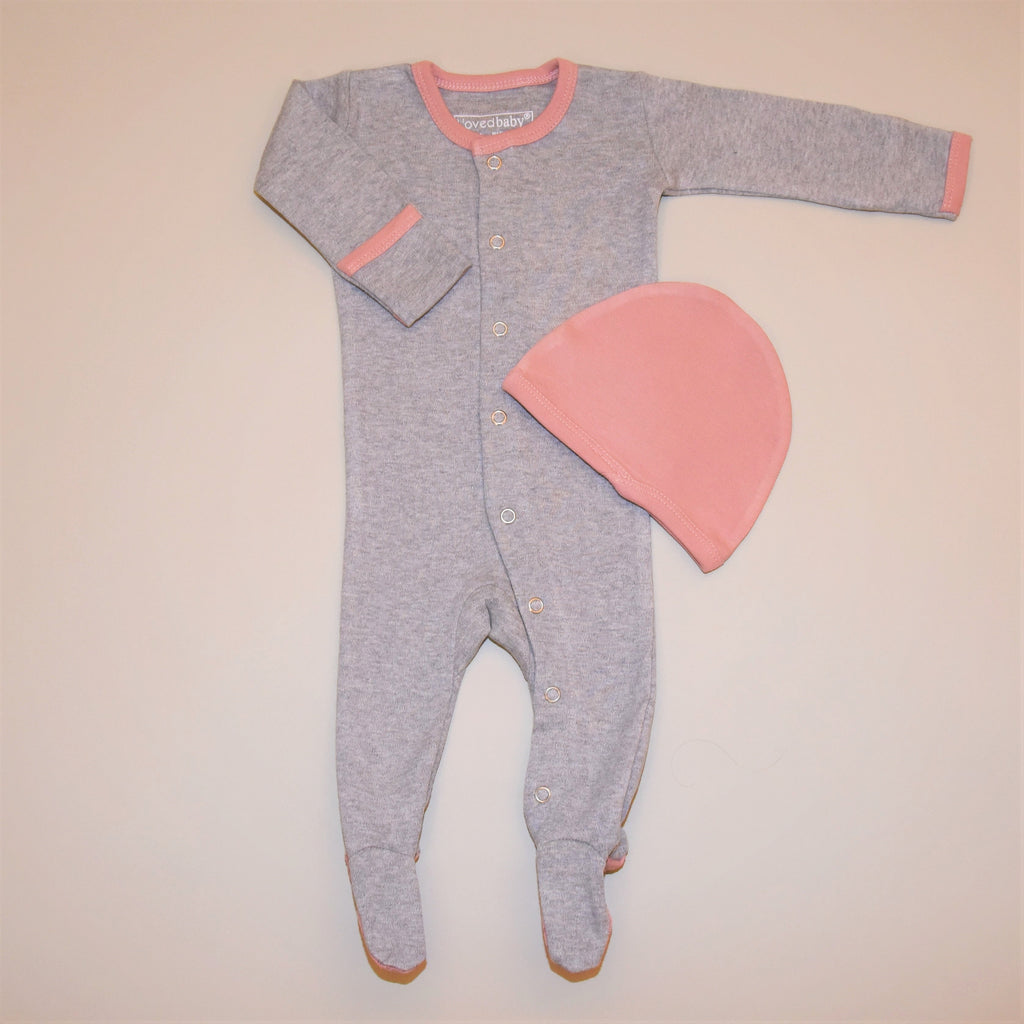 Heather Gray and Pink Organic Cotton Footed Overall and Cap