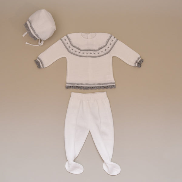 Gray and White Three Piece Knit Sweater Set