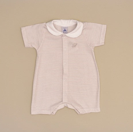 Beige and White 100% Cotton Baby Striped Short Sleeve Romper with White Collar
