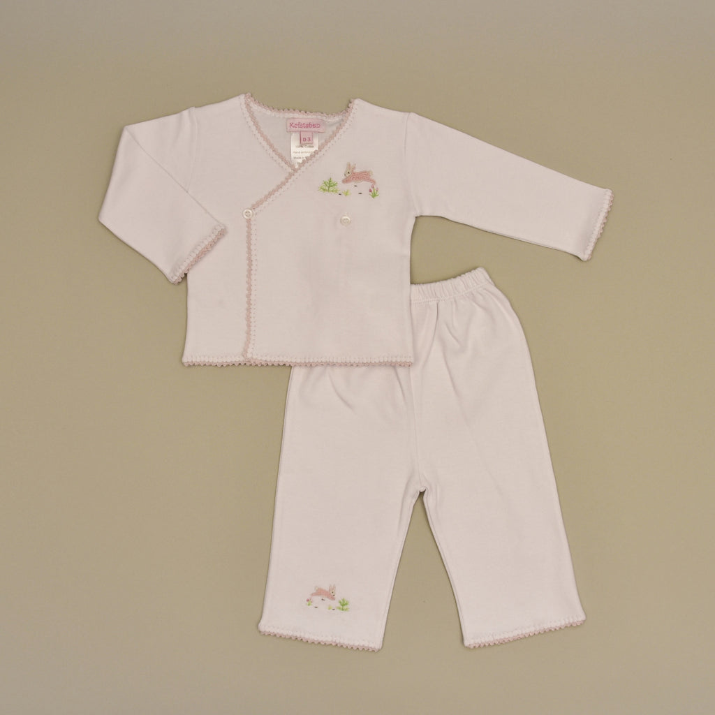 Pink Rabbit 100% Cotton White Baby Tee and Pant Set with Hand Crochet Trim and Hand Embroidered Pink Rabbit