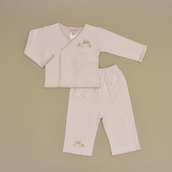 Pink Rabbit 100% Cotton White Baby Tee and Pant Set with Hand Crochet Trim and Hand Embroidered Pink Rabbit