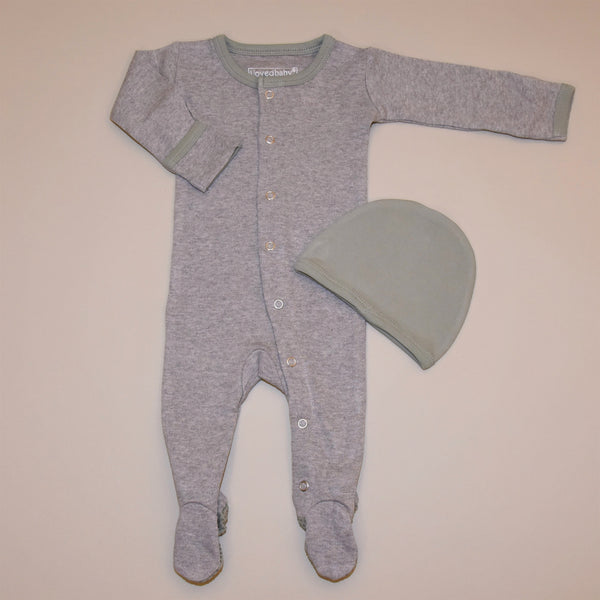Heather Gray and Sage Organic Cotton Footed Overall and Cap