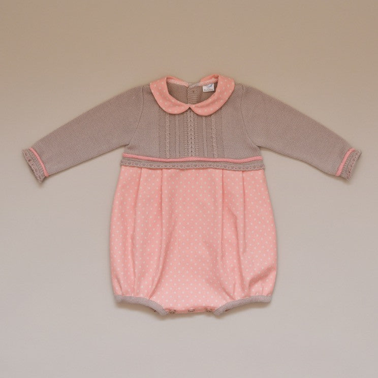 Baby Taupe and Salmon Knit Sweater and Polka Dot Romper