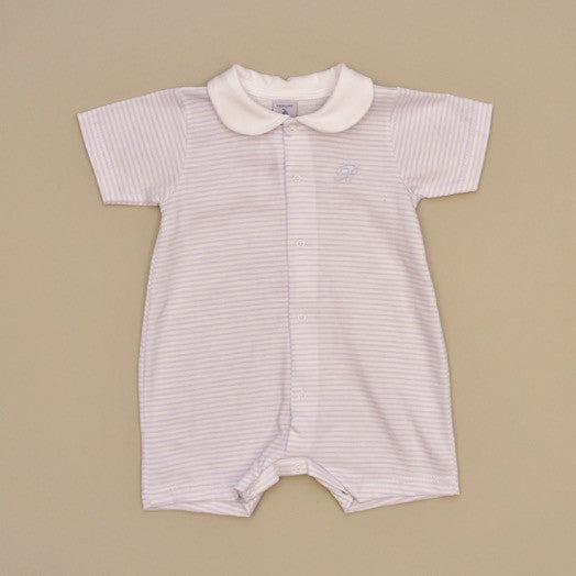Blue and White 100% Cotton Baby Short Sleeve Striped Romper with White Collar