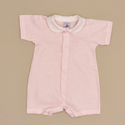 White and Pink 100% Cotton Baby Pink and White Striped Romper with White Collar
