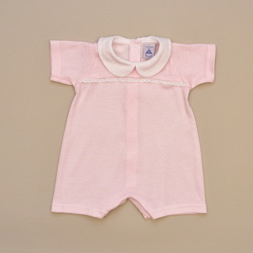 100% Cotton Pink and White Striped Baby Romper with White Collar and Lace