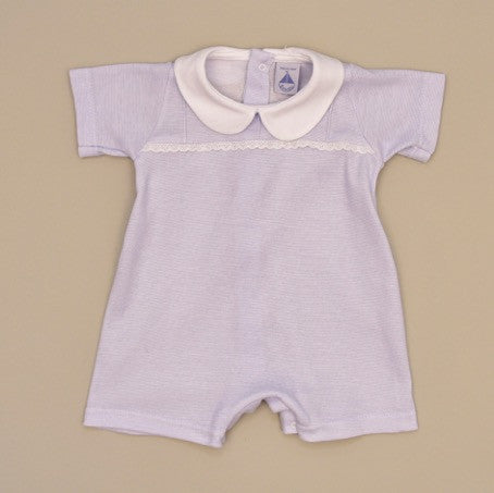 100% Cotton Baby Short Sleeve White Collar Romper with Blue Stripes and White Lace