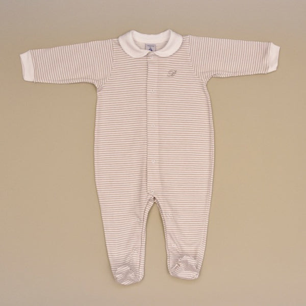 Beige and White 100% Cotton Baby Long Sleeve White Collar Footy Romper