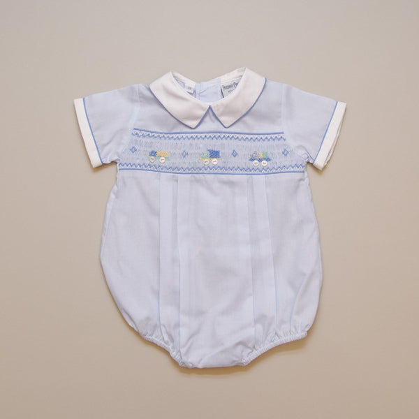 Blue Smocked Creeper with Embroidered Trucks