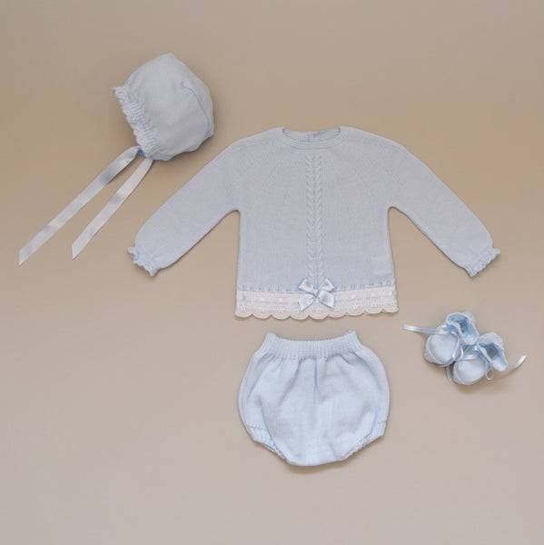 Newborn Blue and White Four Piece Knit Sweater Set