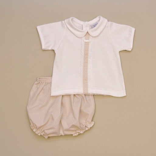 100% Cotton White Baby Short Sleeve Top with White Beige Dot Lace Detail and Beige Dot Bloomers