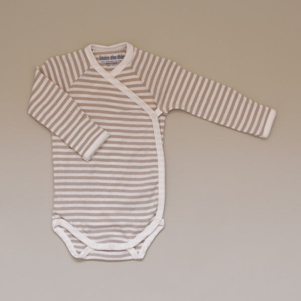 100% Organic Cotton Baby Long Sleeve Tan and White Striped Bodysuit/Onesie