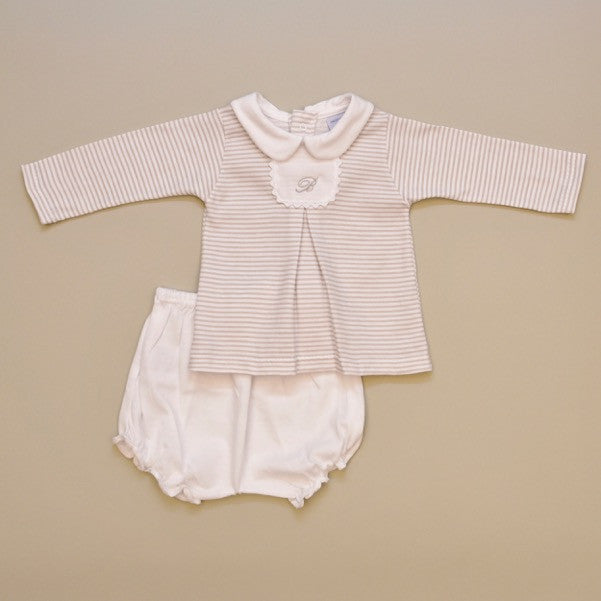 White and Beige Stripe 100% Cotton Baby Long Sleeve White Collar Two Piece Playsuit