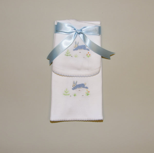 100% Cotton White Baby Bib and Burp Pad with Hand Embroidered Blue Bunny Rabbit
