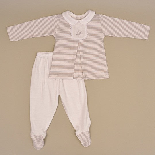 Beige and White stripped 100% Cotton Baby Long Sleeve White Collar Two Piece Footy Playsuit