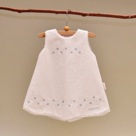 White Pique Lined Baby Dress with Blue Embroidered Dots and Lace Trim