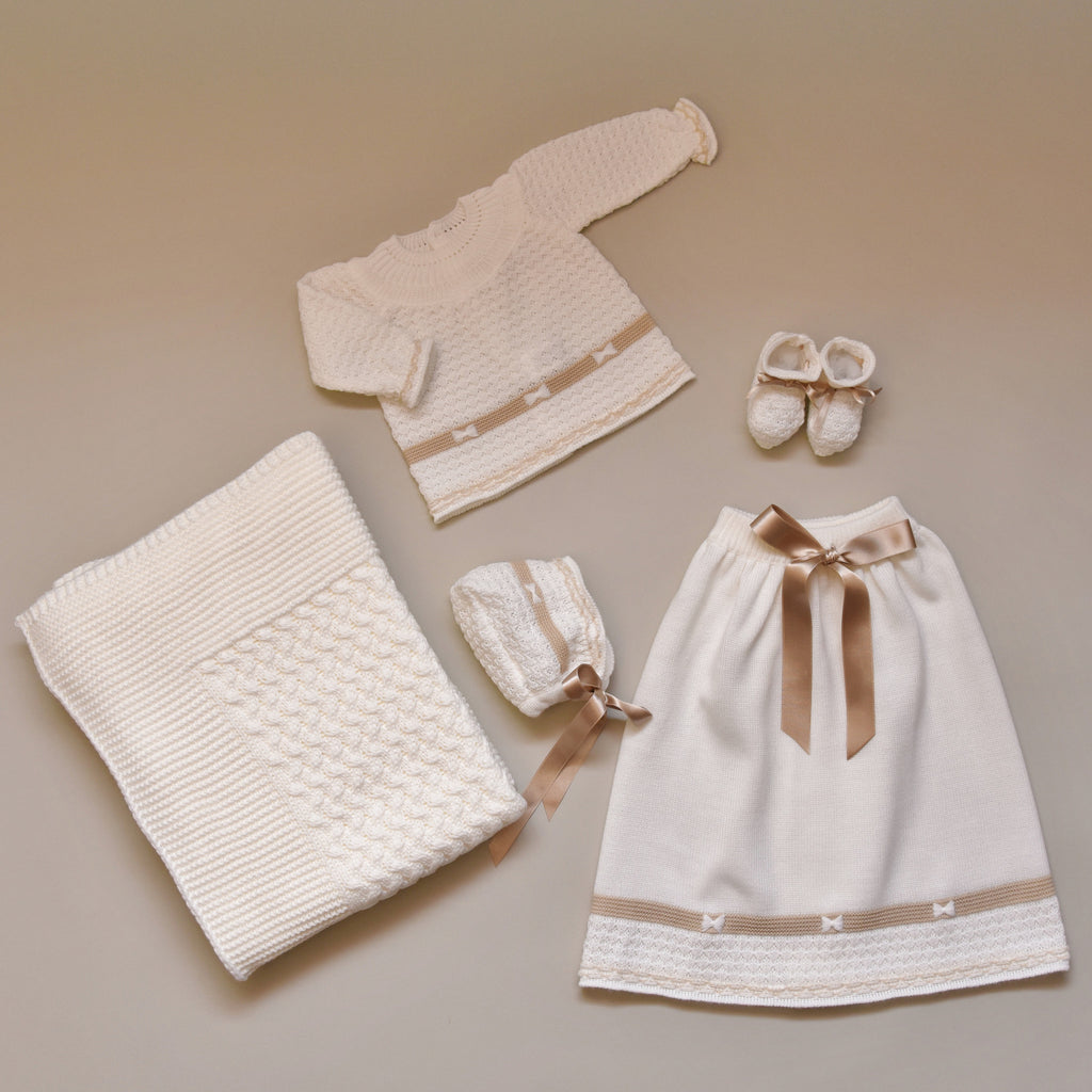 Ivory and  Beige Newborn Baby Five Piece Sweater Knit Set