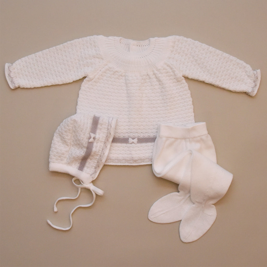 Three Piece White and Gray Knit Sweater Set