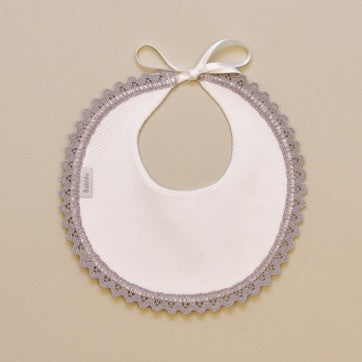 100% Cotton Baby White Round Bib with Gray Crochet Edge