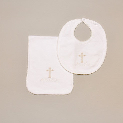 100% Cotton White Baby Bib and Burp Pad with Hand Embroidered Ecru Holy Cross