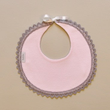 100% Cotton Baby Pink Round Bib with Gray Crochet Edge