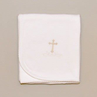 100% Cotton White Baby Receiving Blanket with Hand Embroidered Ecru Holy Cross