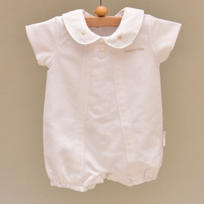 Beige and White Pique Cotton Lined Baby Shortfall with Embroidered Beige Dots