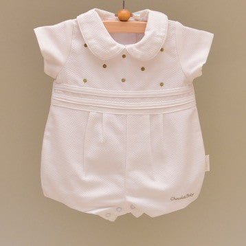 White and Gray Pique Cotton Lined Baby Shortall with Multiple Embroidered Dots