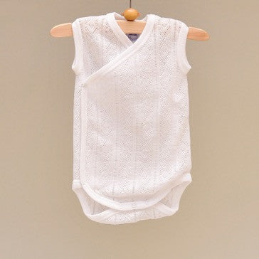 100% Perle Cotton Baby White Sleeveless Knit Side Snap Onesie