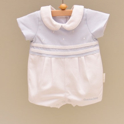 Blue and White Pique Cotton Lined Shortall with Embroidered White Dots