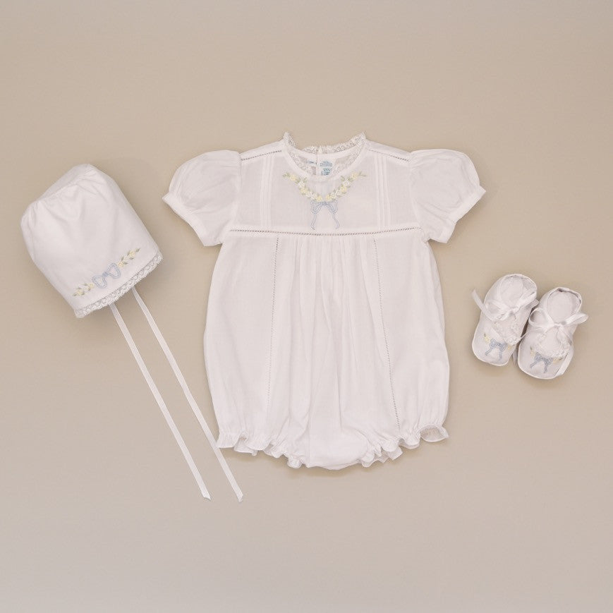 Baby White Bubble, Bonnet and Bootie set with Blue Leaf Bow Embroidery