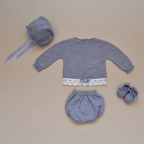 Newborn Bluish Gray and White Four Piece Knit Sweater Set