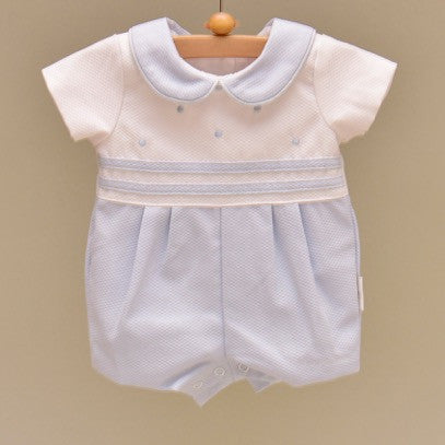 White and Blue Baby Pique Cotton Lined Shortall with Embroidered Blue Dots