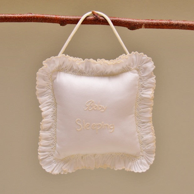 Ecru and White Baby Note Pillow with Ruffle Edge and Ecru Embroidered Message