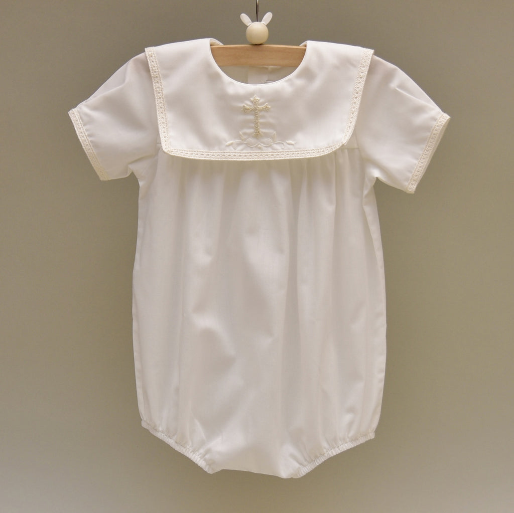 100% Cotton Offwhite Romper with Hand Embroidered Holy Cross
