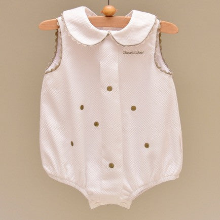Gray and White Pique Cotton Lined Bodysuit with Embroidered Gray Dots