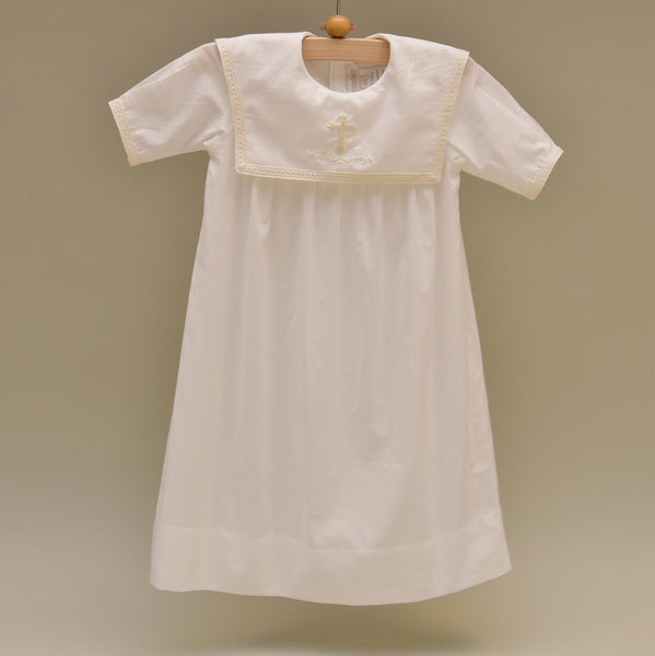100% Cotton Off-white Baby Dress with Hand Embroidered Holy Cross