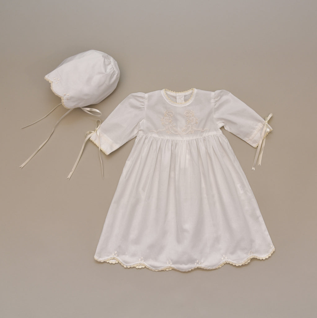 100% Cotton White Baby Dress Gown and Bonnet Set with Ecru Hand Embroidered Details