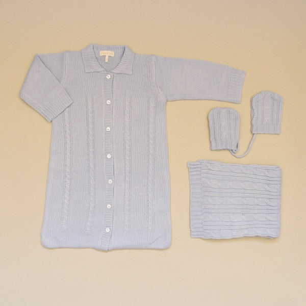 Blue Baby Cable Knit Sweater Coverall Gown, Scarf and Mitten Set