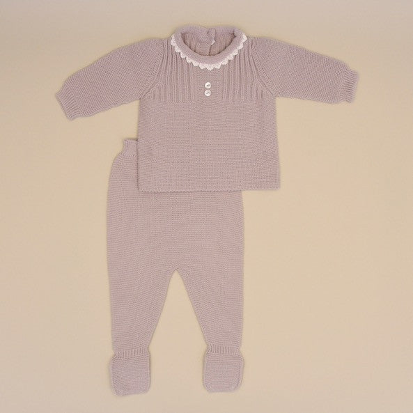 Gray Baby Two Piece Long Sleeve Knit Sweater Set with White Lace Collar and Footy Pant