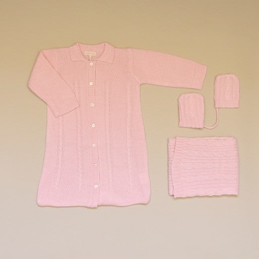 Pink Baby Cable Knit Sweater Coverall Gown, Scarf and Mitten Set